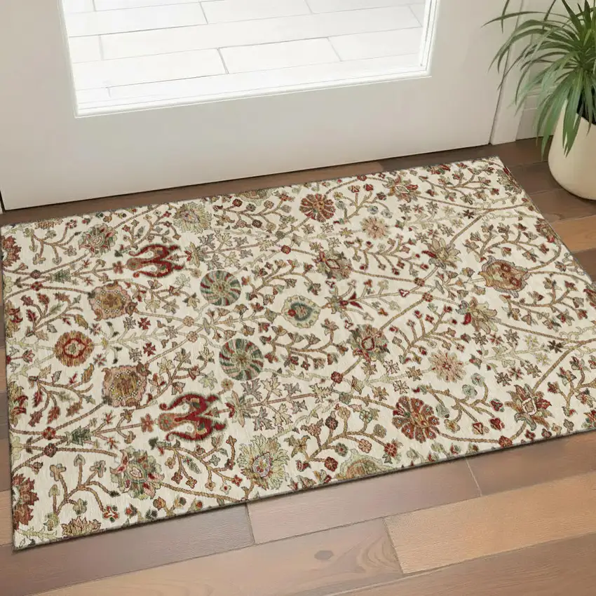 Ivory Red And Blue Floral Washable Area Rug With UV Protection Photo 1