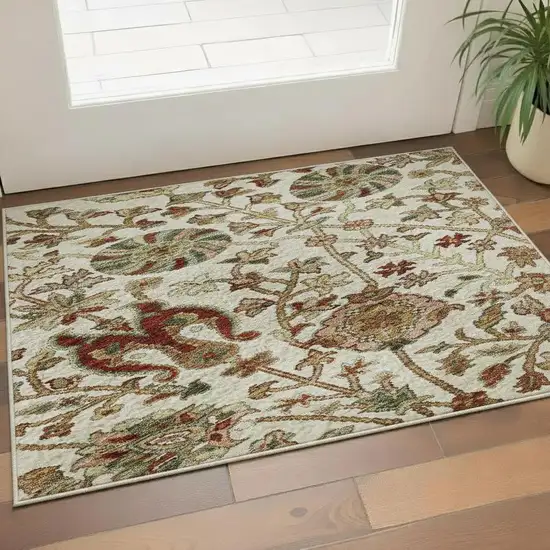 Ivory Red And Blue Floral Washable Area Rug With UV Protection Photo 2