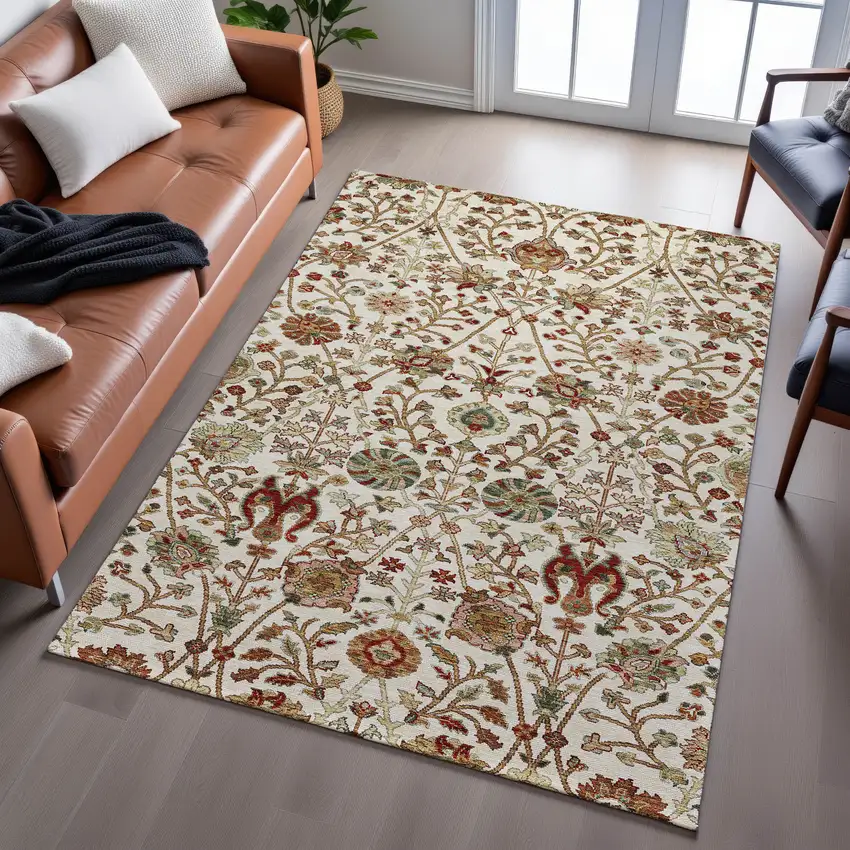 Ivory Red And Blue Floral Washable Area Rug With UV Protection Photo 4