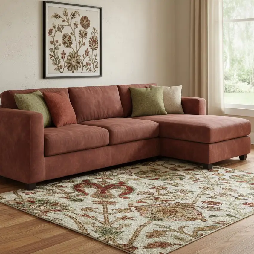 Ivory Red And Blue Floral Washable Area Rug With UV Protection Photo 2