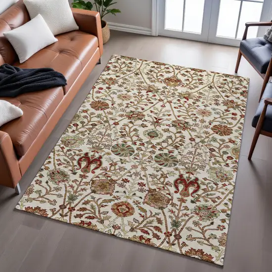 Ivory Red And Blue Floral Washable Area Rug With UV Protection Photo 3