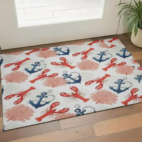 Ivory Red And Blue Nautical Washable Area Rug With UV Protection Photo 1