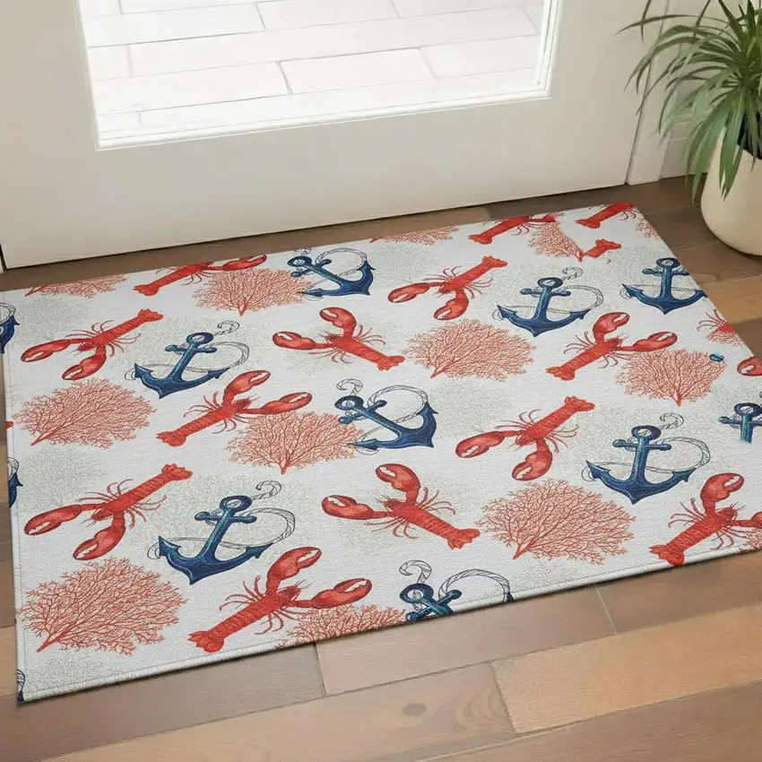 Ivory Red And Blue Nautical Washable Area Rug With UV Protection Photo 1
