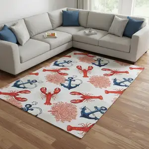 Photo of Ivory Red And Blue Nautical Washable Area Rug With UV Protection