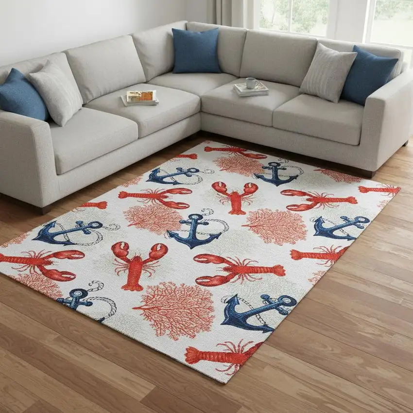 Ivory Red And Blue Nautical Washable Area Rug With UV Protection Photo 1