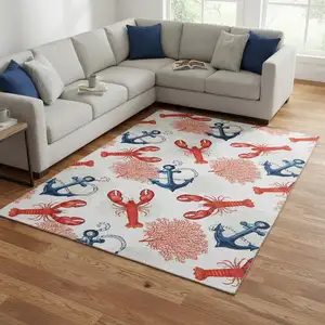 Photo of Ivory Red And Blue Nautical Washable Area Rug With UV Protection