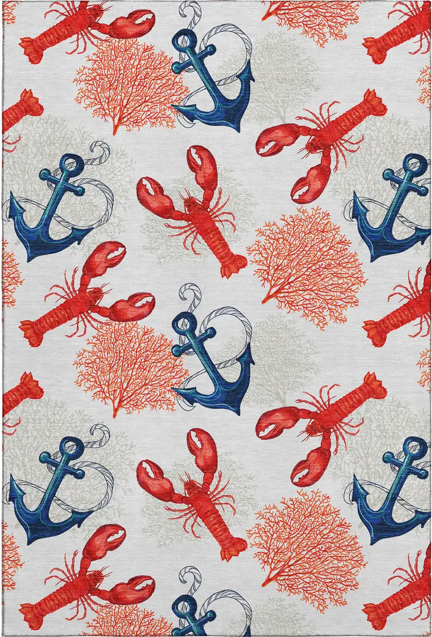Ivory Red And Blue Nautical Washable Area Rug With UV Protection Photo 2