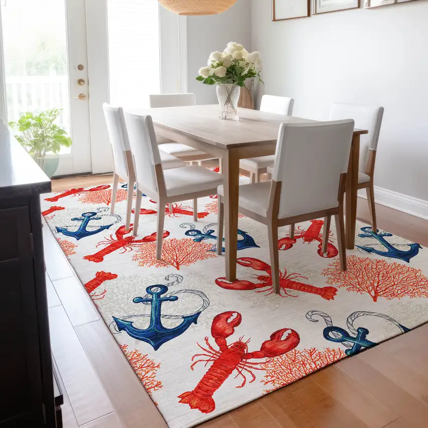 Ivory Red And Blue Nautical Washable Area Rug With UV Protection Photo 6