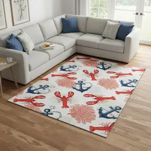 Photo of Ivory Red And Blue Nautical Washable Area Rug With UV Protection