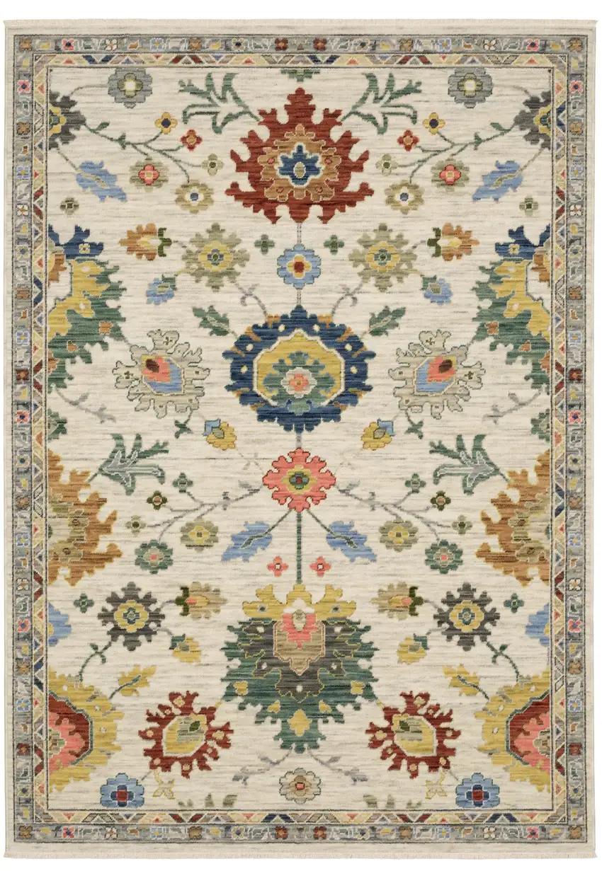 Ivory Red And Blue Oriental Area Rug With Fringe Photo 2