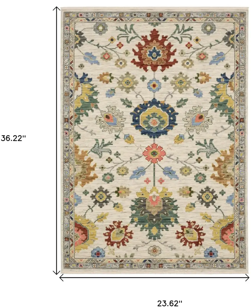 Ivory Red And Blue Oriental Area Rug With Fringe Photo 3