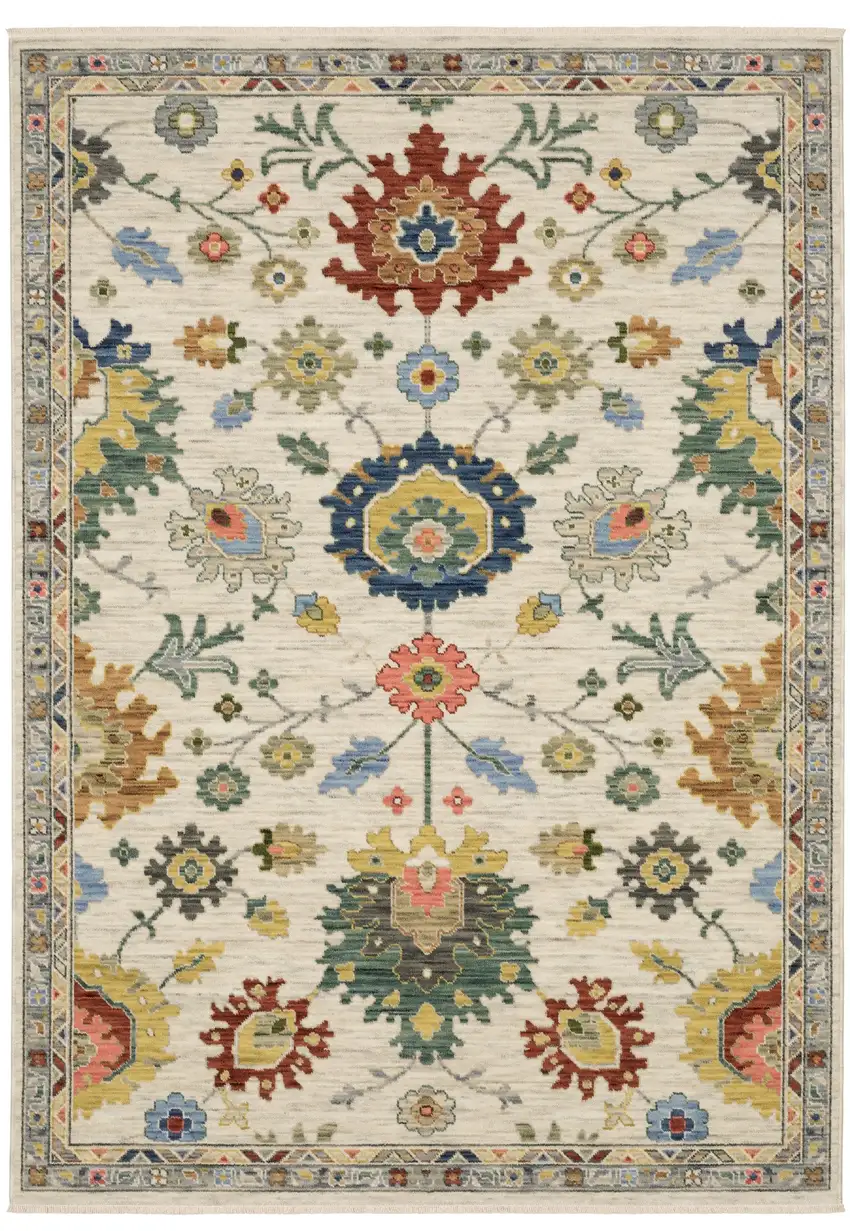 Ivory Red And Blue Oriental Area Rug With Fringe Photo 4