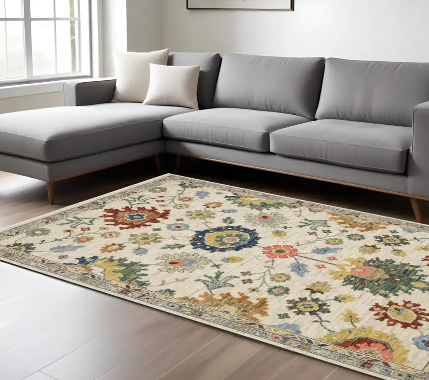 Ivory Red And Blue Oriental Area Rug With Fringe Photo 1