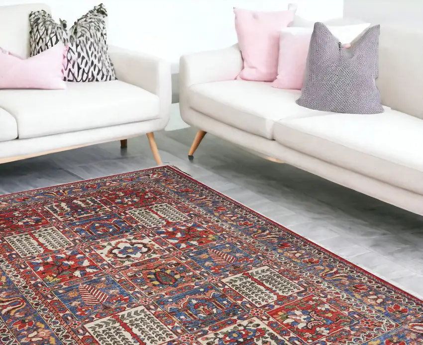 Ivory Red And Blue Oriental Distressed Non Skid Area Rug Photo 1