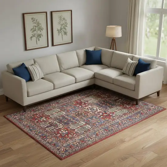 Ivory Red And Blue Oriental Distressed Non Skid Area Rug Photo 1