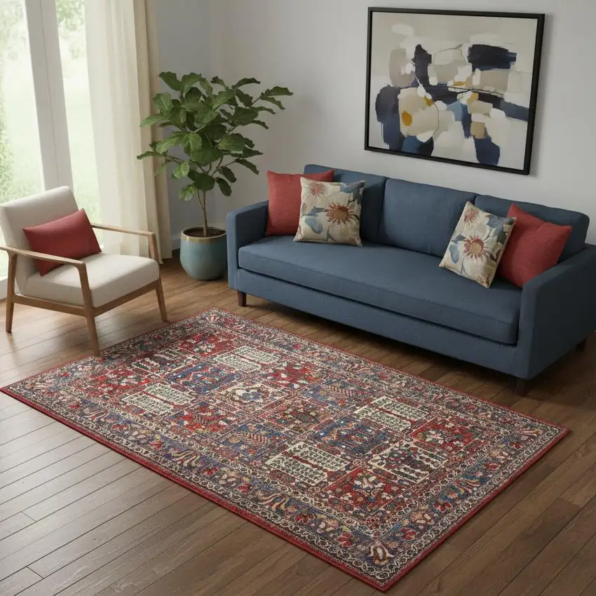 Ivory Red And Blue Oriental Distressed Non Skid Area Rug Photo 1