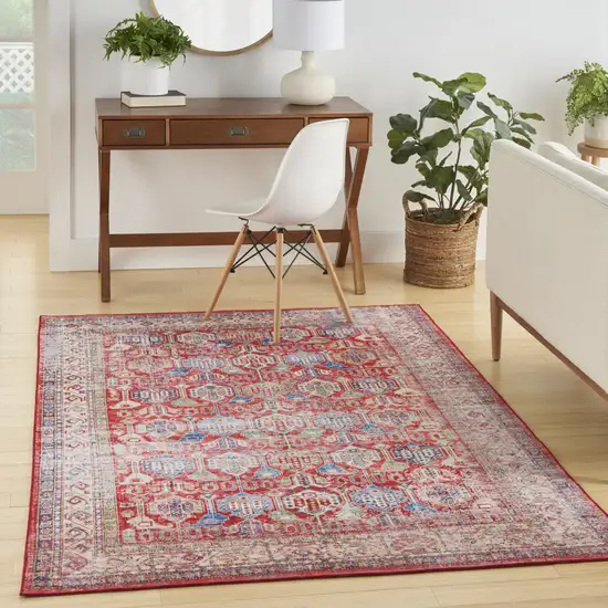 Ivory Red And Blue Oriental Distressed Non Skid Area Rug Photo 5
