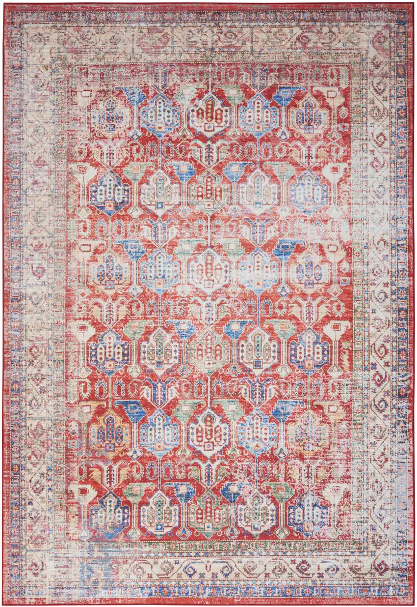 Ivory Red And Blue Oriental Distressed Non Skid Area Rug Photo 2