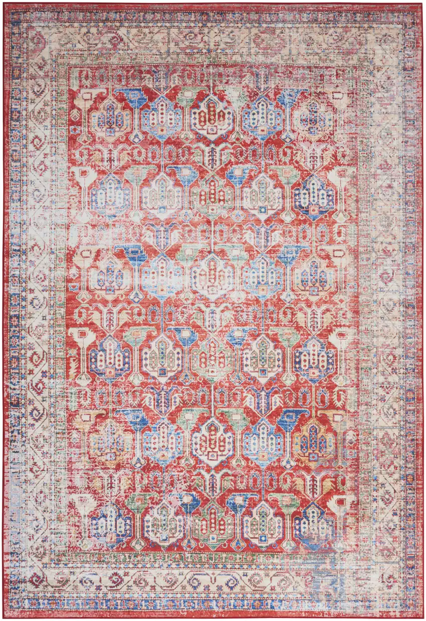 Ivory Red And Blue Oriental Distressed Non Skid Area Rug Photo 7
