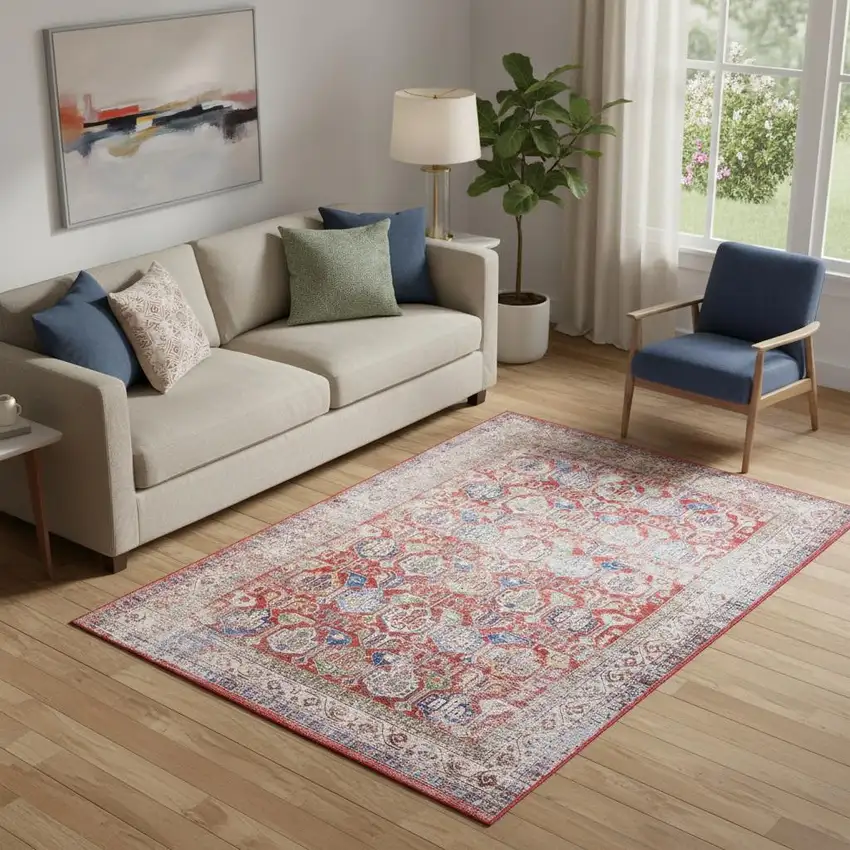 Ivory Red And Blue Oriental Distressed Non Skid Area Rug Photo 1