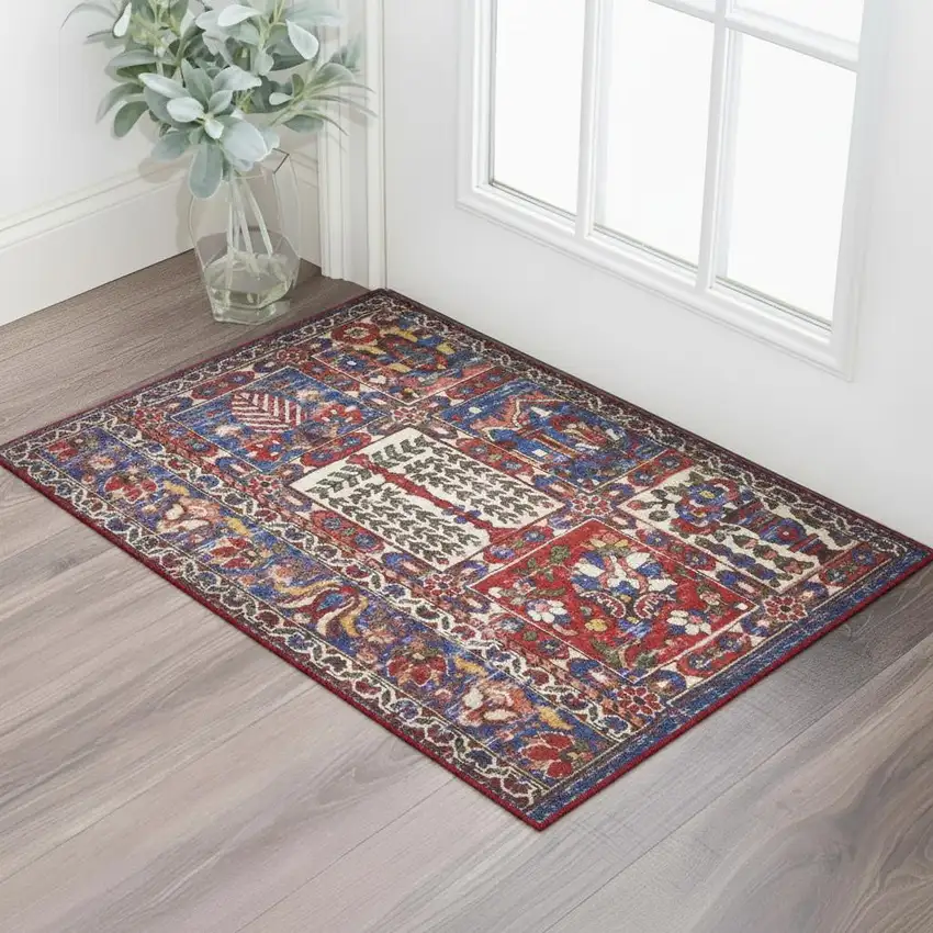 Ivory Red And Blue Oriental Distressed Non Skid Area Rug Photo 1