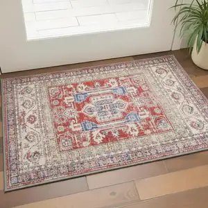 Photo of Ivory Red And Blue Oriental Distressed Non Skid Area Rug