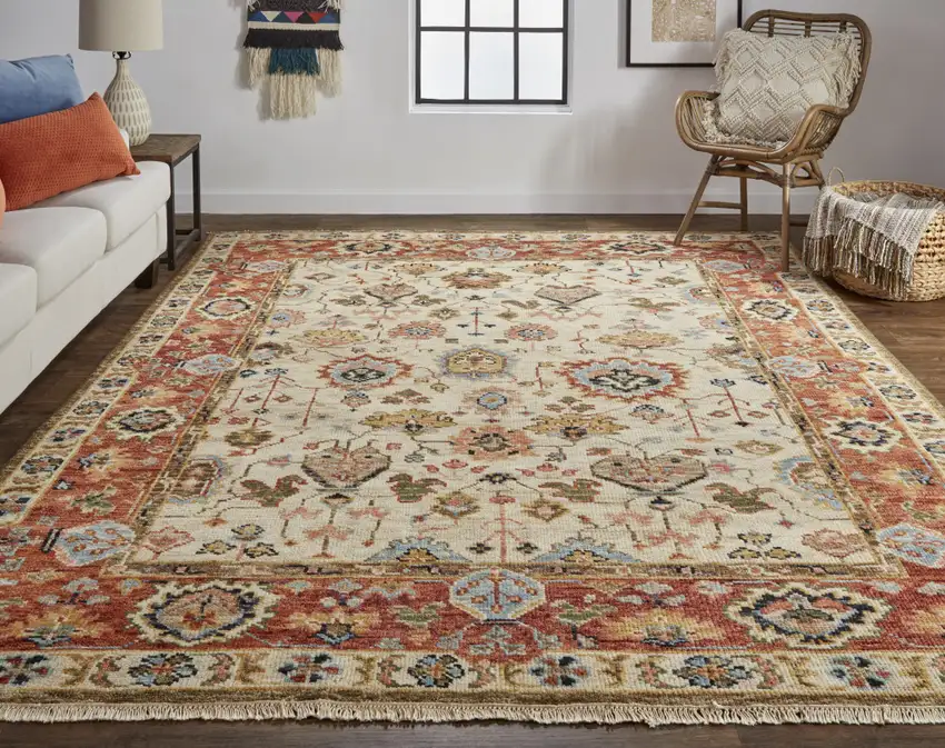 Ivory Red And Blue Wool Floral Hand Knotted Stain Resistant Area Rug Photo 7
