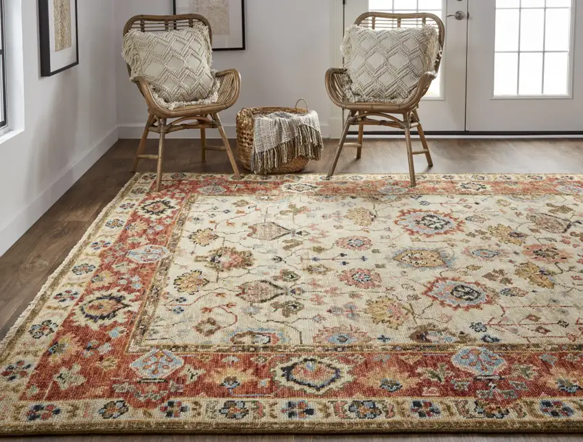 Ivory Red And Blue Wool Floral Hand Knotted Stain Resistant Area Rug Photo 9