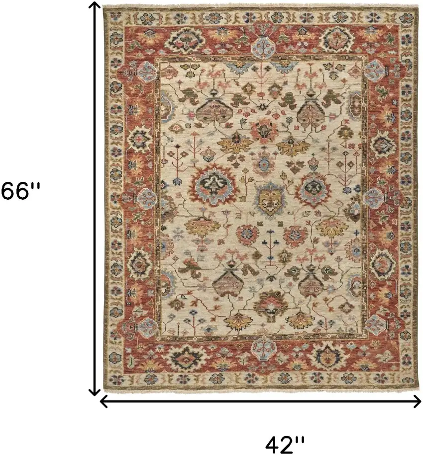 Red and Ivory Wool Floral Hand Knotted Area Rug Photo 3