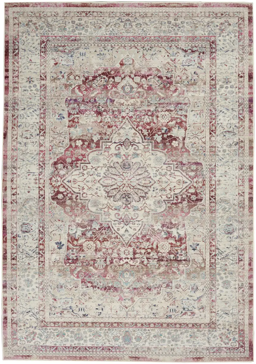 Ivory Red And Brown Floral Distressed Area Rug Photo 2