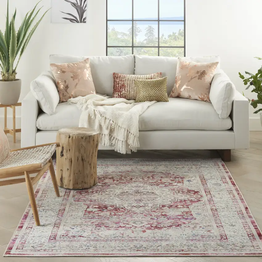 Ivory Red And Brown Floral Distressed Area Rug Photo 4