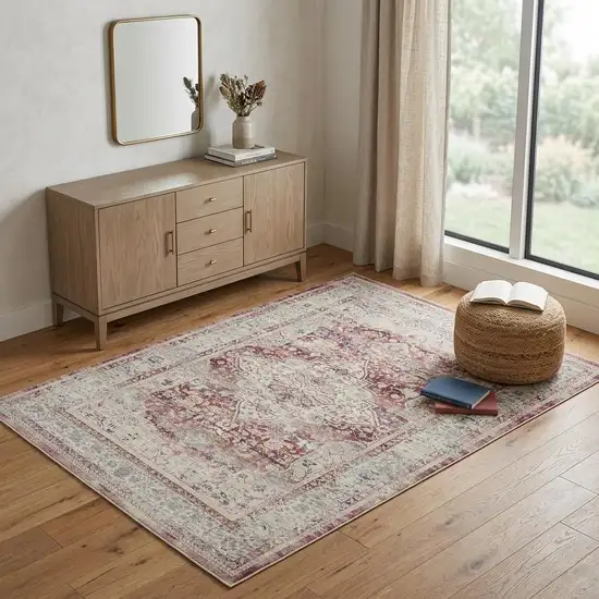 Ivory Red And Brown Floral Distressed Area Rug Photo 1