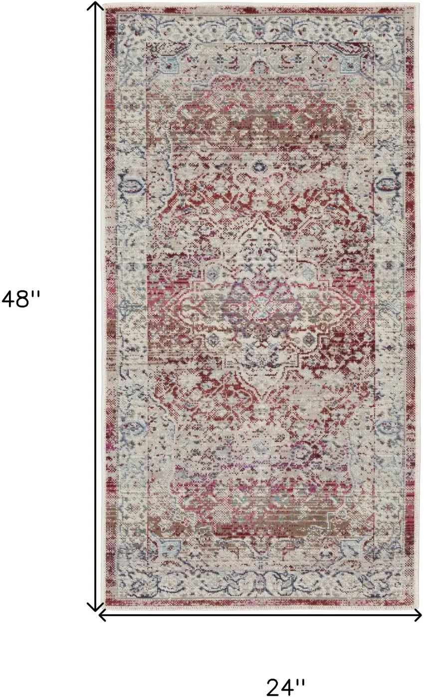 Ivory Red And Brown Floral Distressed Area Rug Photo 3