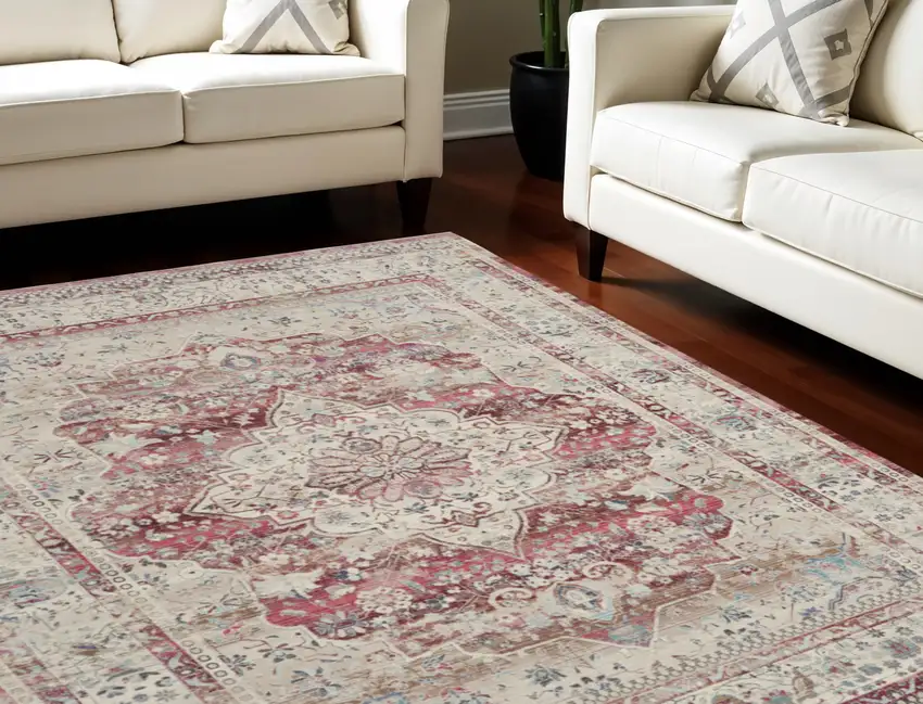 Ivory Red And Brown Floral Distressed Non Skid Area Rug Photo 1