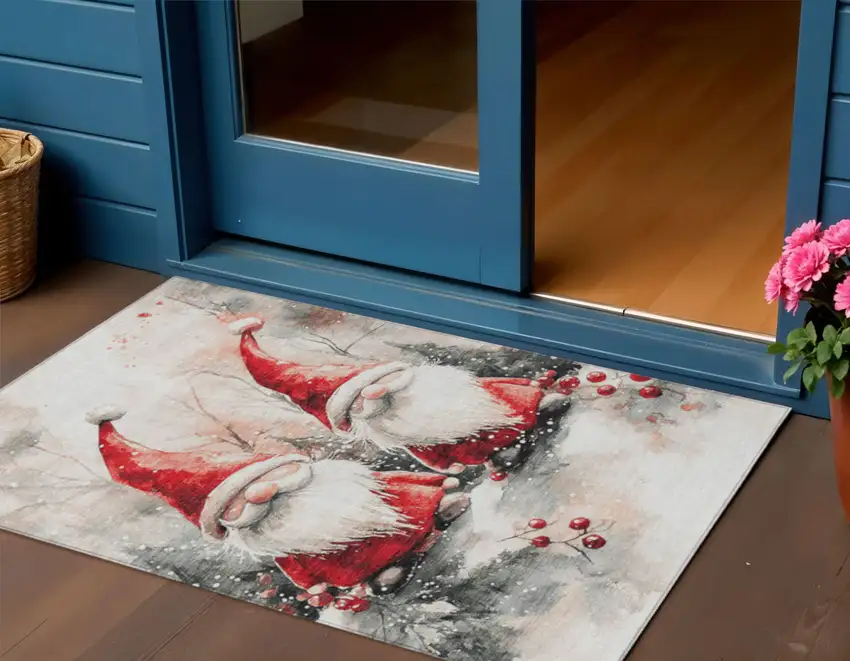 Ivory Red And Gray Botanical Leaves Washable Indoor Outdoor Area Rug Photo 2