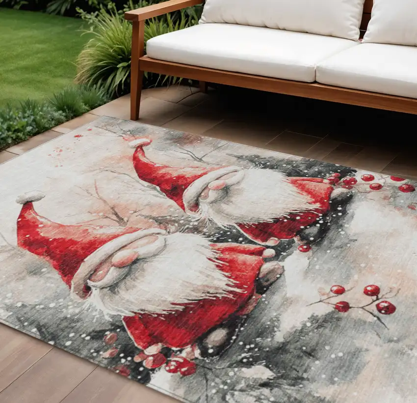 Ivory Red And Gray Botanical Leaves Washable Indoor Outdoor Area Rug Photo 2