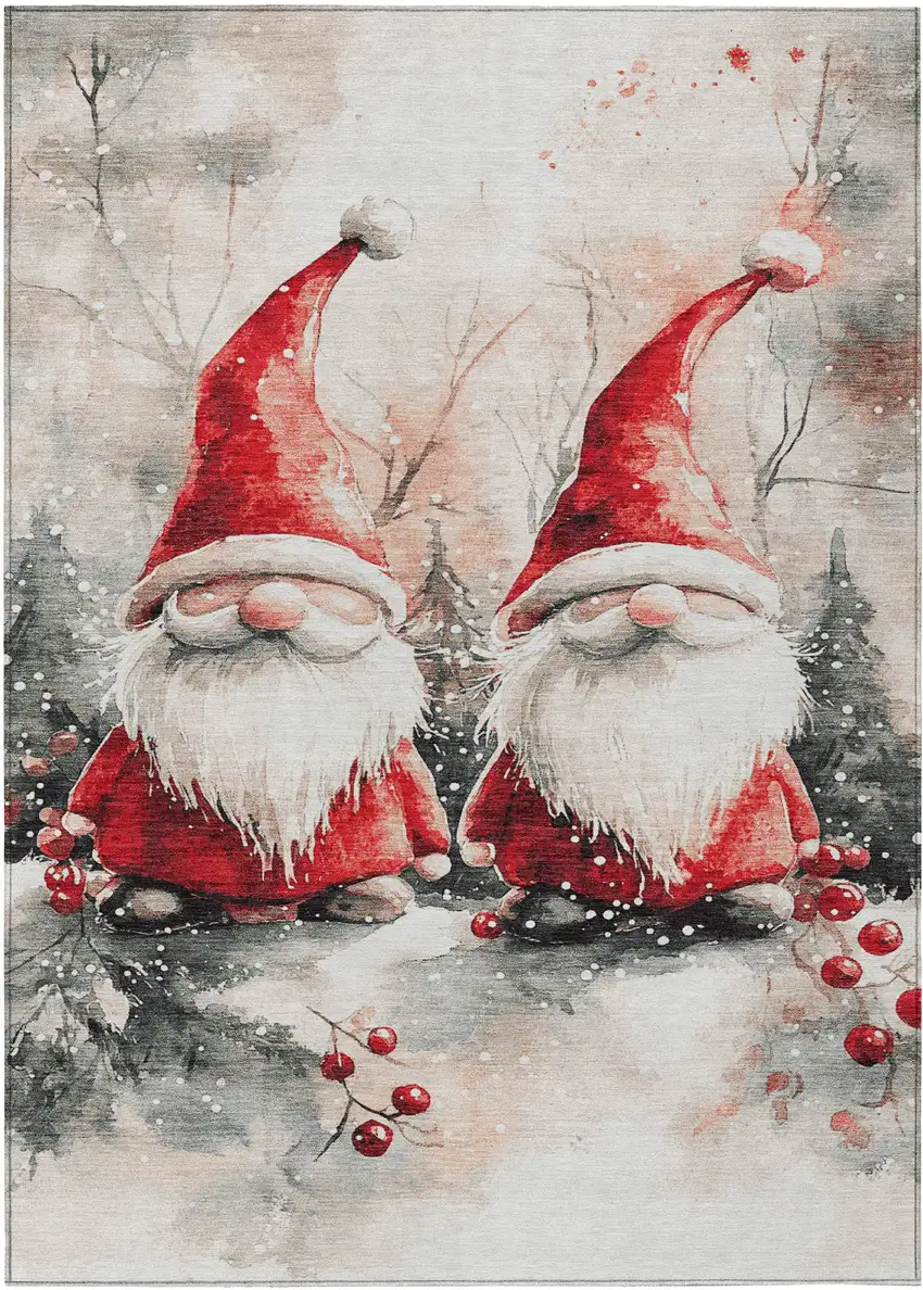 Ivory Red And Gray Botanical Leaves Washable Indoor Outdoor Area Rug Photo 1