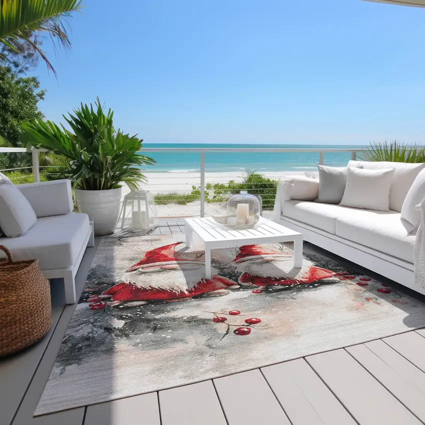 Ivory Red And Gray Botanical Leaves Washable Indoor Outdoor Area Rug Photo 7