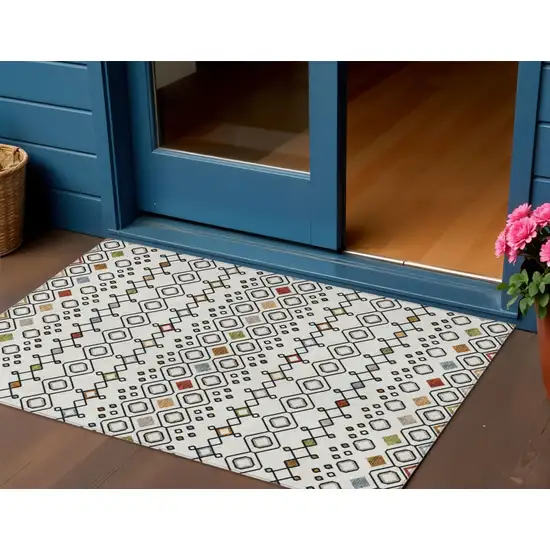 Ivory Red And Gray Geometric Washable Indoor Outdoor Area Rug Photo 1