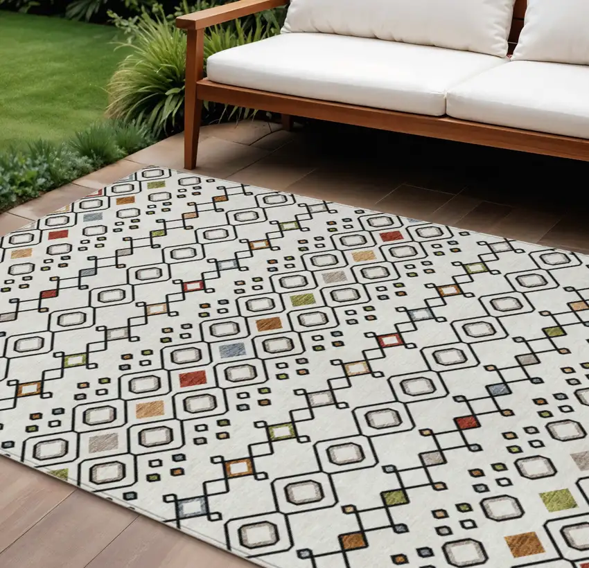 Ivory Red And Gray Geometric Washable Indoor Outdoor Area Rug Photo 1