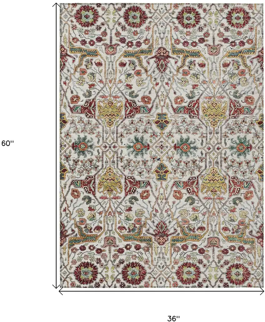 Ivory Red And Green Floral Washable Indoor Outdoor Area Rug Photo 8
