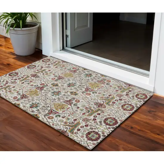 Ivory Red And Green Floral Washable Indoor Outdoor Area Rug Photo 1