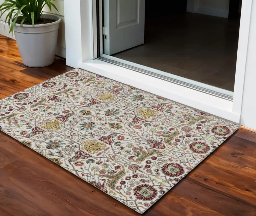 Ivory Red And Green Floral Washable Indoor Outdoor Area Rug Photo 1