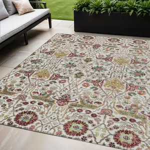 Photo of Ivory Red And Green Floral Washable Indoor Outdoor Area Rug