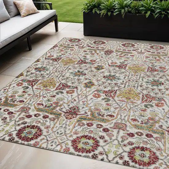 Ivory Red And Green Floral Washable Indoor Outdoor Area Rug Photo 1