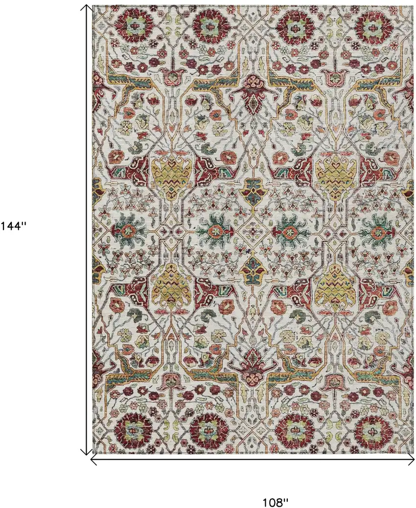 Ivory Red And Green Floral Washable Indoor Outdoor Area Rug Photo 8