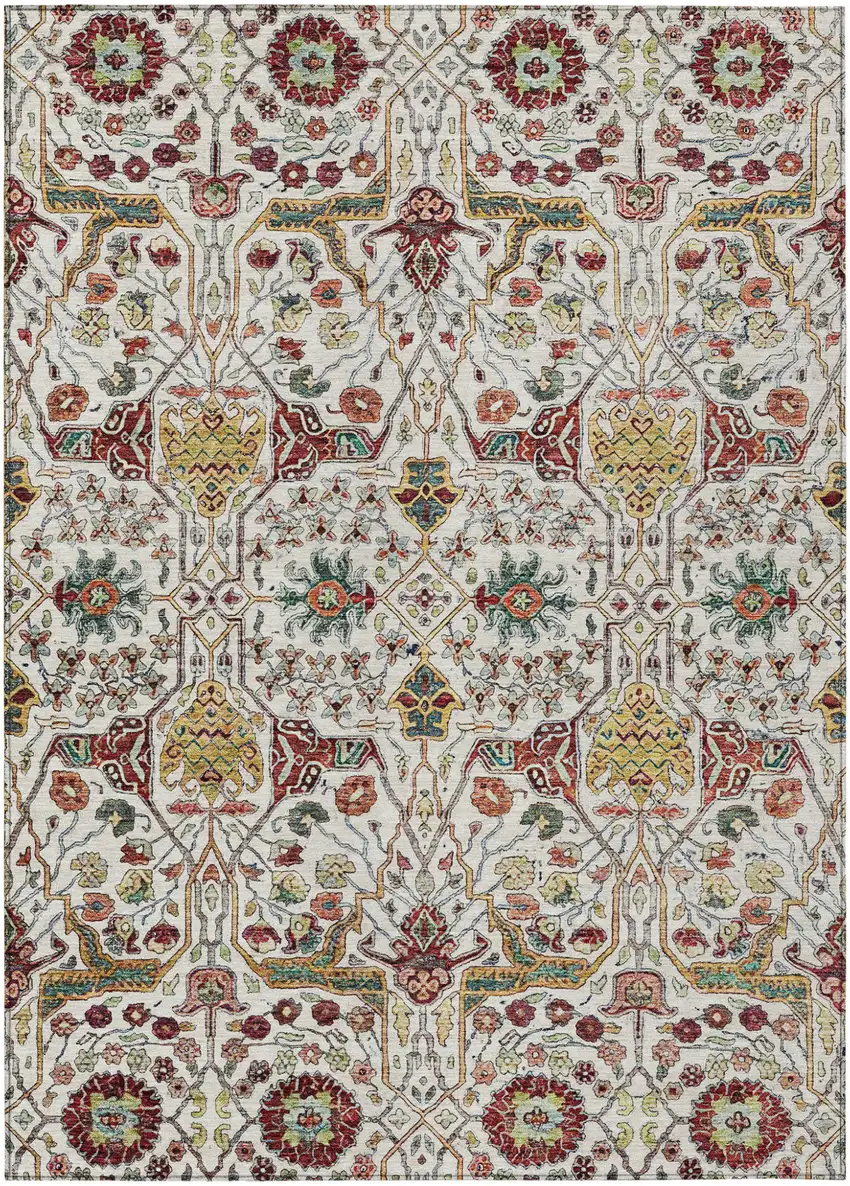 Ivory Red And Green Floral Washable Indoor Outdoor Area Rug Photo 2