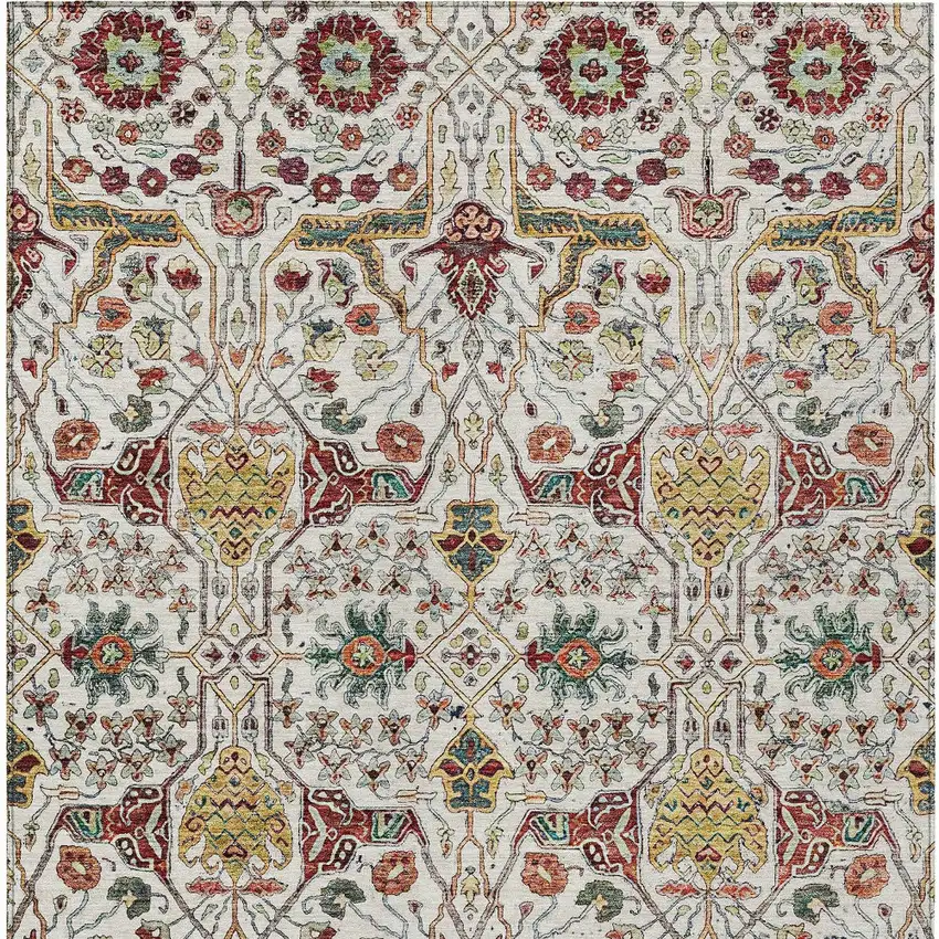 Ivory Red And Green Floral Washable Indoor Outdoor Area Rug Photo 7