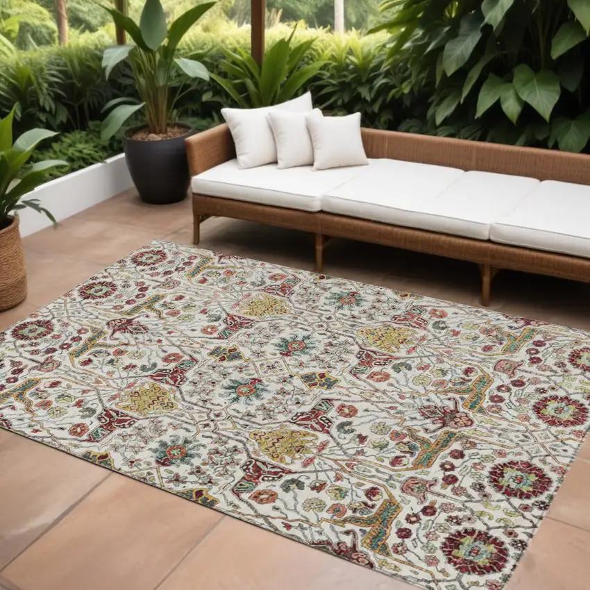 Ivory Red And Green Floral Washable Indoor Outdoor Area Rug Photo 1