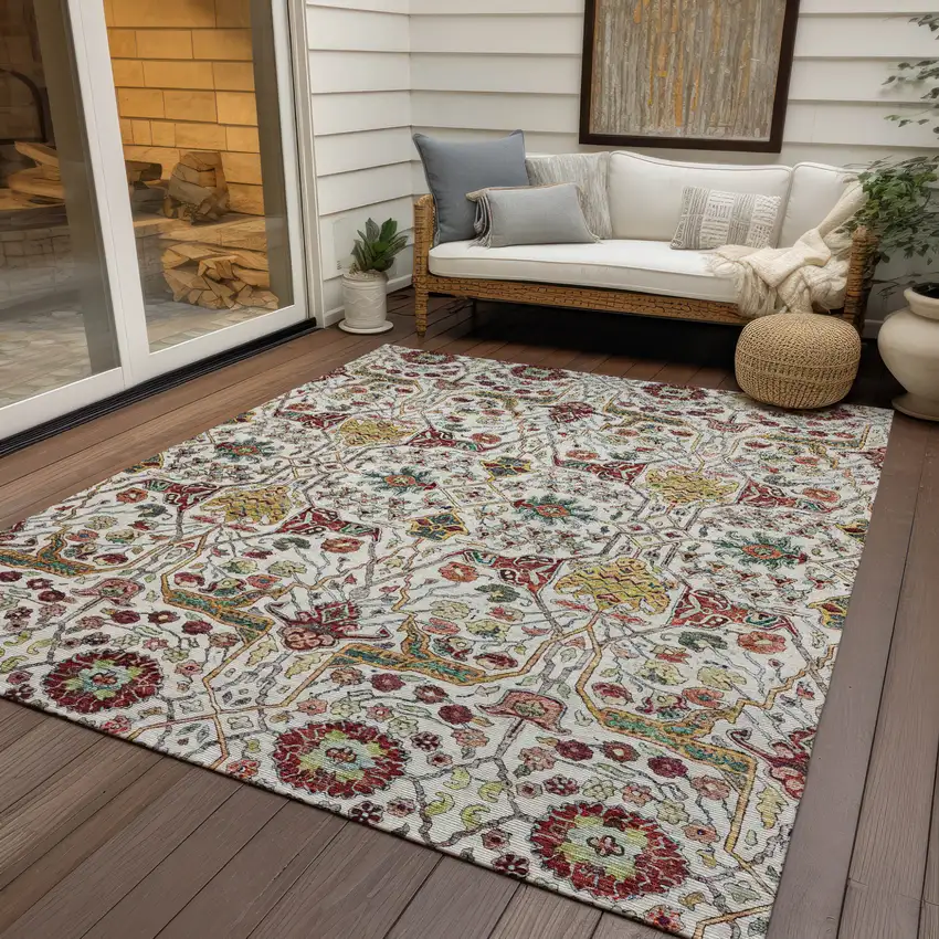 Ivory Red And Green Floral Washable Indoor Outdoor Area Rug Photo 8